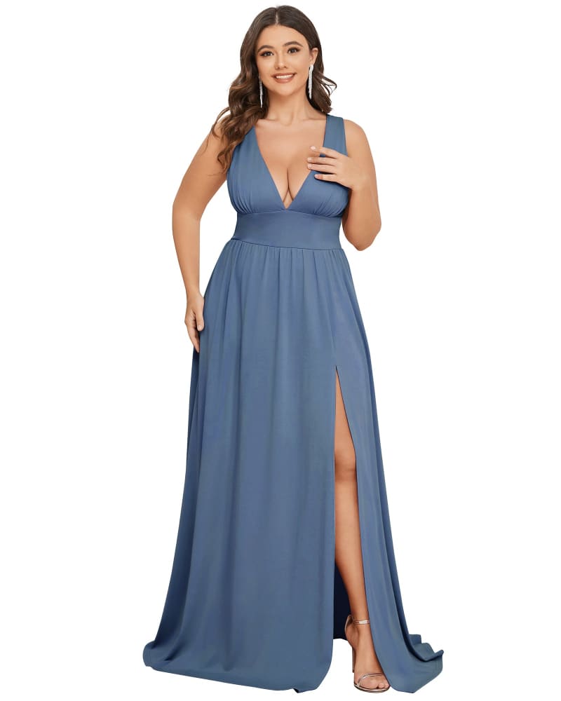 Front of a model wearing a size 16 Sleeveless V-Neck Empire Waist High Slit Floor-Length Evening Dress in Dusty Navy by Ever-Pretty. | dia_product_style_image_id:295590